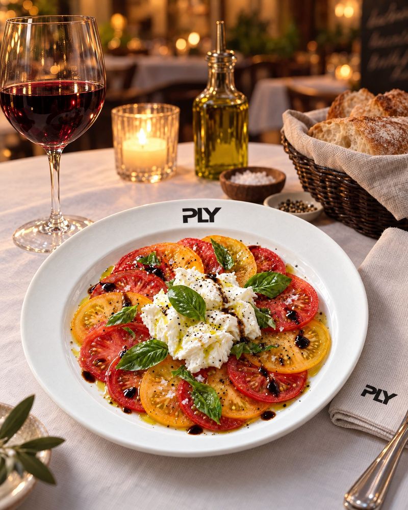 Restaurant-Szene: das Carpaccio auf einem Tisch mit Rotwein und Kerze
